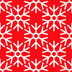 Vector seamless pattern with graphic white cartoon snowflakes on bright red background. Winter season wallpaper in traditional Christmas colors.