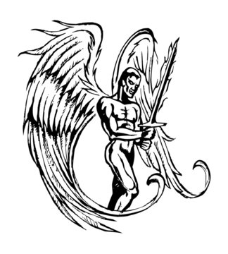 Archangel Michael with big wings and burning sword, angel, warrior against the devil, black and white drawing