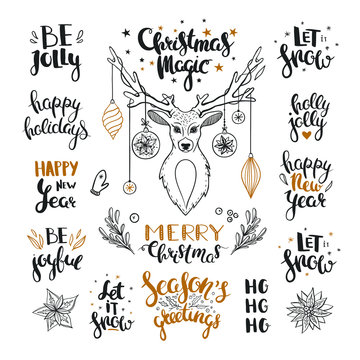 Vector Christmas greetings isolated on white. Set of hand drawn phrases for Christmas and New year decorations and cards. Happy New Year, Merry Christmas, Holly Jolly, Let it Snow, Be Joyful, etc.