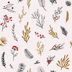 Beautiful winter pattern. Vector seamless pattern with floral elements. Christmas floral pattern with winter berries, leaves and pine branches. 