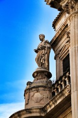 Tower bell, sculptures and carved stone details of the Cathedral of Murcia