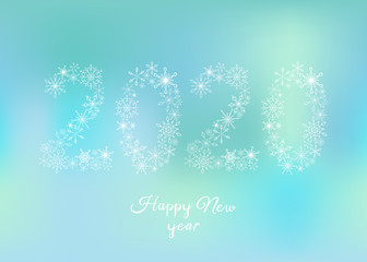 Stylish vector illustration with snowflakes and digits 2020 on blue background. For greeting cards, poster, cover, web and advertising banner, flyer, mailing, postcard, package design.