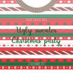 Vector illustration with sweater and text Ugly Sweater Christmas Party in red, white and green colors. Print for greeting cards, scrapbooking album, winter decorations.