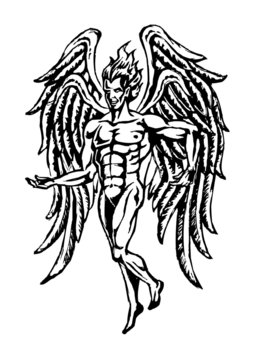 Archangel Michael with large wings, walking with burning hair, angel, warrior against the devil, black and white drawing