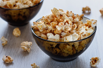 Popcorn in a glass bowl.