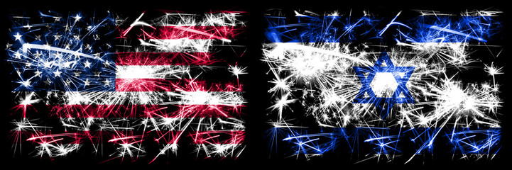 United States of America, USA vs Israel, Israeli New Year celebration sparkling fireworks flags concept background. Combination of two abstract states flags.