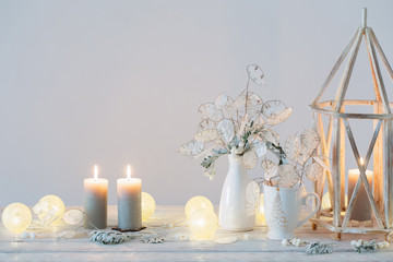 Christmas decorations on background white wall
