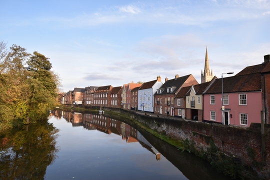 Views of Norwich Cathedral and River Wensum, on a sunny autumn day, from the Fye Bridge. Norfolk, England, UK.