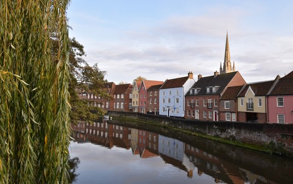 Views of Norwich Cathedral and River Wensum, on a sunny autumn day, from the Fye Bridge. Norfolk, England, UK.