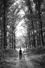 Black and white foto the newlyweds walk hand in hand along the path in the forest. Back view. Bride and groom enjoying romantic moment together on wedding day. The concept of youth, love and lifestyle