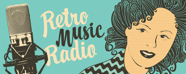 Vector banner for radio station with studio microphone, woman face and inscription Retro music radio. Radio broadcasting concept. Suitable for banner, ad, poster, flyer, logo, invitation