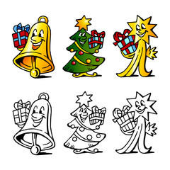 Christmas tree, bell and comet mascot with gift box with ribbon, cartoon set