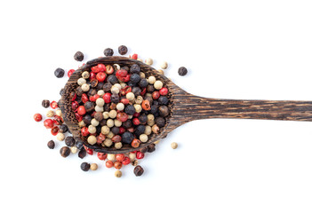 Mixed of peppers hot, red, black and white pepper isolated on white background. Top view