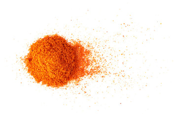 Pile of red paprika powder isolated on white background. top view