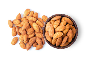 Almond Nuts isolated on white background. top view