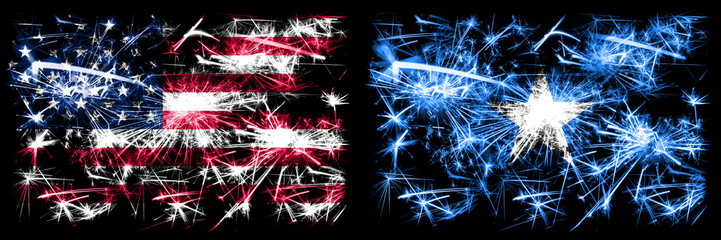 United States of America, USA vs Somalia, Somalian New Year celebration sparkling fireworks flags concept background. Combination of two abstract states flags.