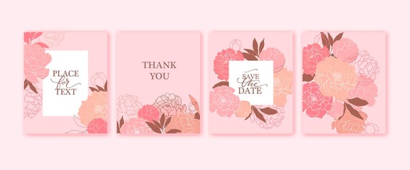 Hand darwn pink blush peonies. Botanical vector illustartion. Peony line art composition for card, invitation. Wedding romantic design