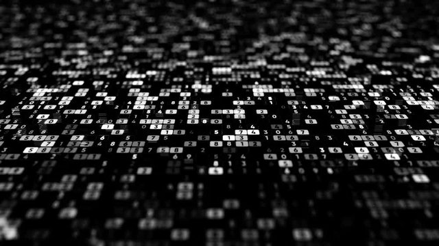 Abstract black and white background with the data in many rows of changing numbers, seamless loop. Animation. Digital display, technology and electronic devices concept.