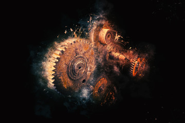 Rusty gears isolated on black background Concept of heavy mechanical industry - 304751761