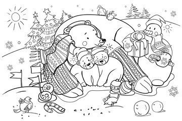 Polar bear in a scarf and cubs in New Year's hats, a snowman with gifts and cute birds, sparrows, coloring book for children for the New Year and Christmas, raster copy