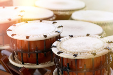 Closeup of many japanese drums