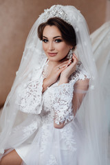 Bride wedding morning. Fashion bride gorgeous beauty, bride woman in robe. Bride touches earrings. Portrait wedding makeup and hairstyle, girl with veil and jewelry at home.