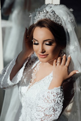 Beautiful bride portrait wedding makeup and hairstyle, girl in diamonds tiara and marriage robe, fashion bride gorgeous beauty, smiling happy bride portrait. The bride touches the crown