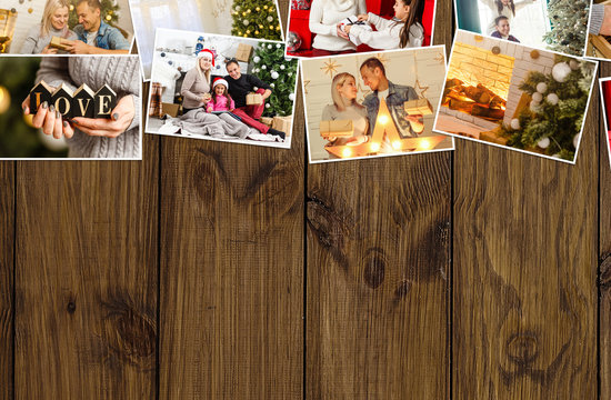 collage of Christmas pictures. photo collage on wooden background