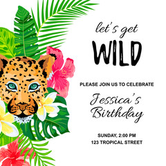 Leopard with tropical leaves, flowers, wild party invitation. Place for text. Vector illustration for flyer, birthday, tropical party, banner, poster.