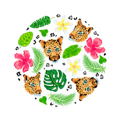 Leopard faces with jungle leaves, tropical flowers. Vector illustration on white background. Circle concept. Great for flyer, invitation, print. 