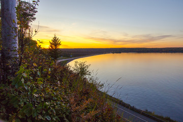 Michigan Coastal Highway. Sunset over the Keweenaw Bay on coastal highway US-41 along Lake Superior.