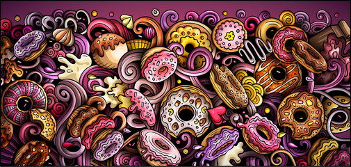 Donuts hand drawn doodle banner. Cartoon detailed illustrations.