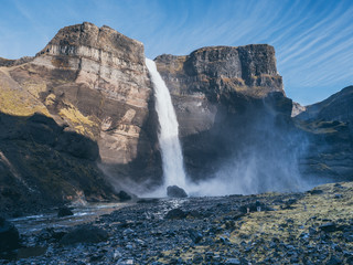 View of the landscape of the Haifoss waterfall in Iceland.  Nature and adventure concept background. Vintage effect look.