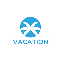 Obraz premium Vacation logo design template. Green palm inn seaside. The concept for travel agency, tropical resort, beach hotel, spa. Summer vacation symbol.