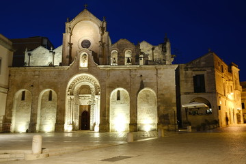 Fototapeta na wymiar Night photo of the facade of the church of San Giovanni in Matera. Photographed with artificial lights.
