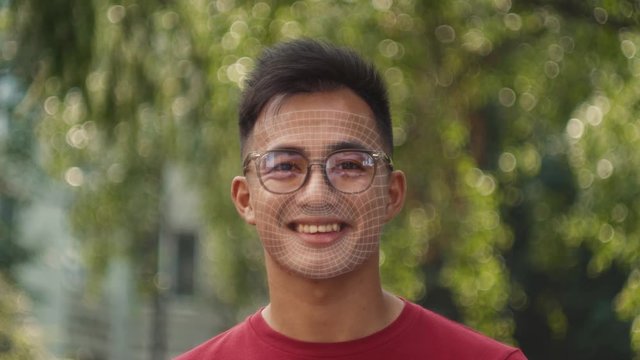 Animation 3d recognition scanning mask of the face eye of man. facial recognition protection and scan safety. future sci-fi animation , security, scanning and password banking access.
