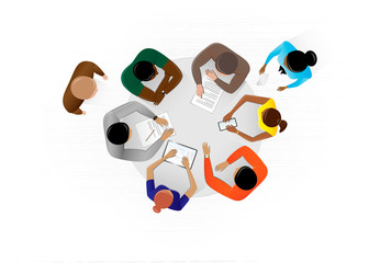 top view people sitting at the table in the office and discussing a business plan, horizontal vector illustration on a white background