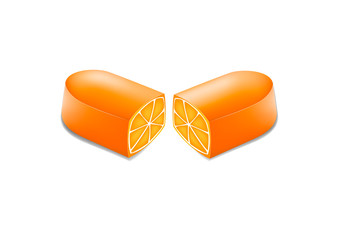 two halves of a pill with an orange in a cut, vitamin c concept, horizontal vector illustration isolated on a white background