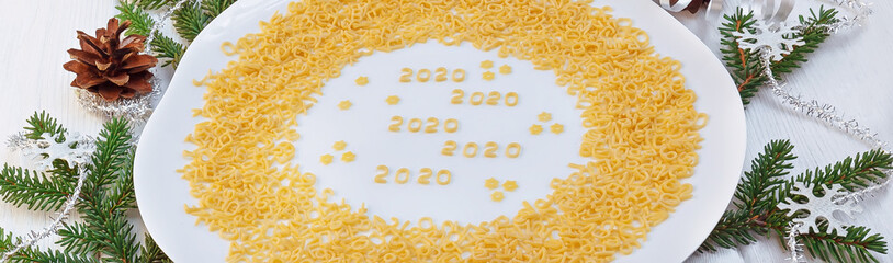 New Year 2020. Lettering from pasta