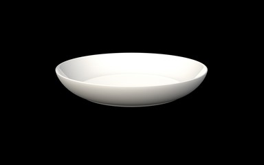 Empty gloss white ceramic medium plate on black background. Camera inclination 15 degrees. Isolated. 3D render