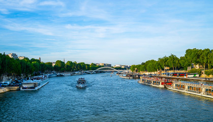 Landmark view on Seine river during the sunny day in Paris.
