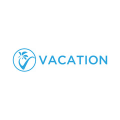 Vacation logo design template. Green palm inn seaside. The concept for travel agency, tropical resort, beach hotel, spa. Summer vacation symbol.