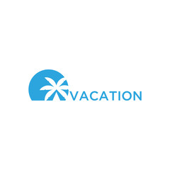 Fototapeta na wymiar Vacation logo design template. Green palm inn seaside. The concept for travel agency, tropical resort, beach hotel, spa. Summer vacation symbol.