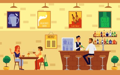 Fototapeta na wymiar Cafe or restaurant with bar counter and visitors chatting flat vector illustration.