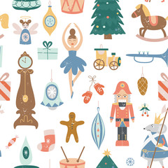 Christmas seamless pattern with Xmas tree toys, flat vector illustration.