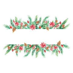 Watercolor Christmas banner with fir branches and flowers. Design happy New Year illustration for greeting cards, frames, invitations templates and party card.