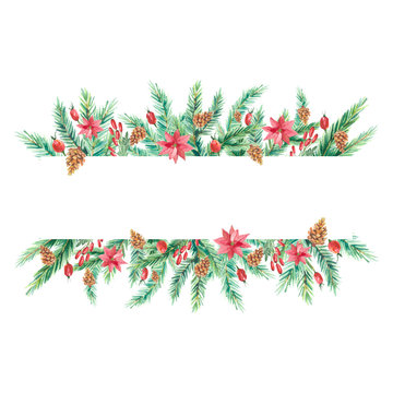 Watercolor Christmas banner with fir branches and flowers. Design happy New Year illustration for greeting cards, frames, invitations templates and party card. © Anna
