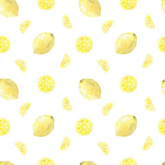 Seamless pattern with watercolor slices of lemons. Use for invitations, menus, birthdays