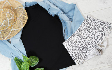 tshirt t-shirt t shirt mock up top view on wooden floor, clothes background copy space shirt flatlay