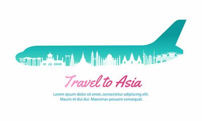 Asia landmark inside with plane shape,concept art  silhouette style,vector illustration,pink gradient,vector illustration